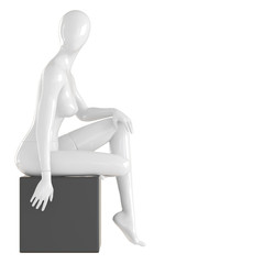 hite female mannequin sitting on a white box on an isolated background .3d rendering
