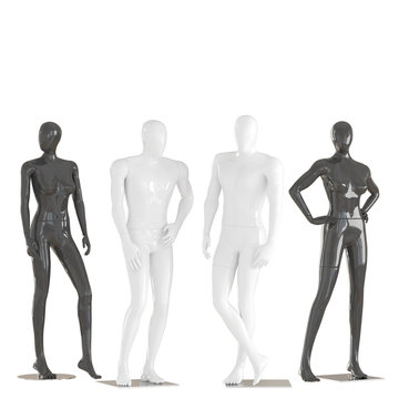 Two male and two female mannequins in a standing pose on an isolated background .3d rendering