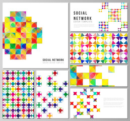 The minimalistic abstract vector illustration of layouts of modern social network mockups in popular formats. Abstract background, geometric mosaic pattern with bright circles, geometric shapes.