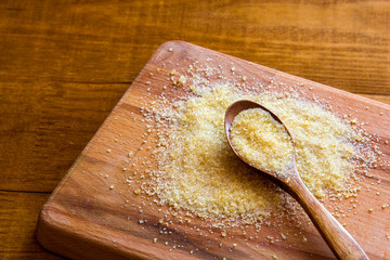 Gelatin powder and jelly on background