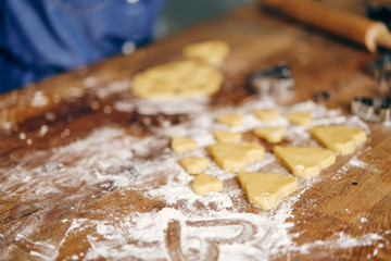 Young adult woman cooking holiday cookies in winter season at home