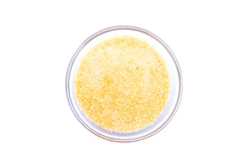 Gelatin powder and jelly on background