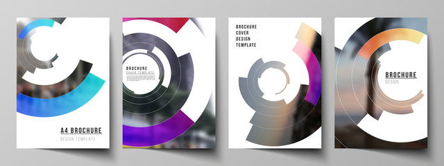 The vector layout of A4 format modern cover mockups design templates for brochure, magazine, flyer, report. Futuristic design circular pattern, circle elements forming geometric frame for photo.