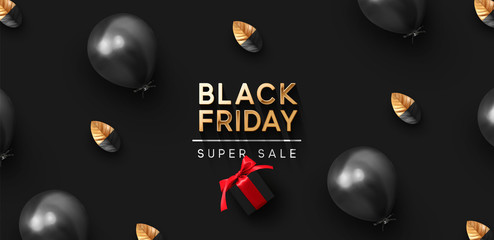 Black Friday Sale. Background with festive realistic balloons with bow, leaf petals painted black and gold. realistic gift box with surprise. Elegant golden lettering in chic font. vector illustration