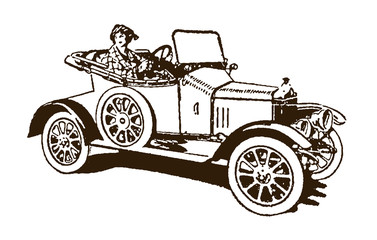 Young woman from former times driving open vintage british two-seater car