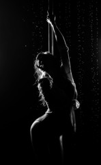 Beautiful wet athletic busty elegant blonde girl performs artistic elements of an exotic dance on the rain. Health, lifestyle, sports, black white monochrome design. Copy space.