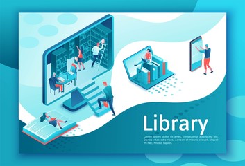 Online library isometric landing page, people read books on laptop, smartphone, gadgets, cloud computing technolodgy, website template design