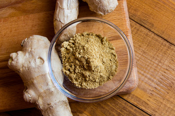 Ginger root on a wooden table