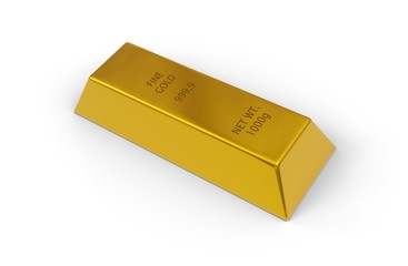 Single gold ingot or bar over white background - precious metal or money investment concept, 3D illustration