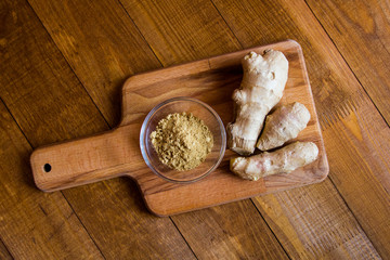 Ginger root on a wooden table