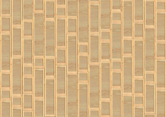 Many wooden window shutters stacked in a row to form a solid pattern or background. Texture of window sash blinds forming a wall decor. Creative decorative illustration. 3D rendering.