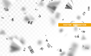 Obraz premium Falling shiny silver confetti isolated on transparent background. Bright festive tinsel of white color.