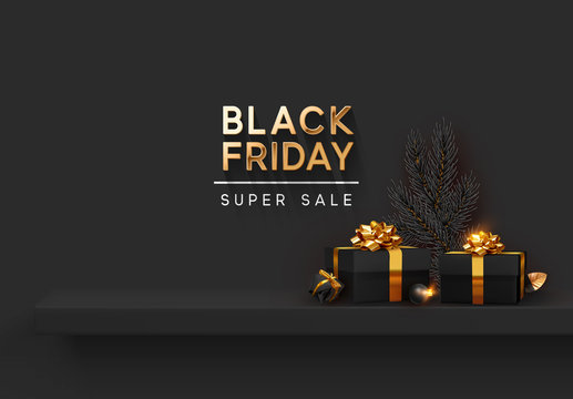 Black Friday Super Sale. Shelf and podium with realistic black gifts boxes with gold bows. Dark background golden text lettering. vector illustration