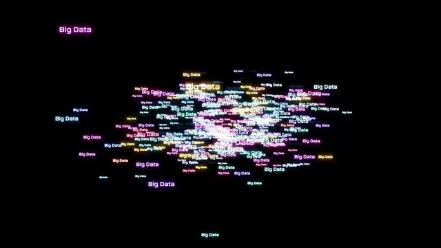 Big Data Wort Animation, neuronales Netz mit wechselnden Farben Datenverarbeitung und Textwolke sowie Informationsflut