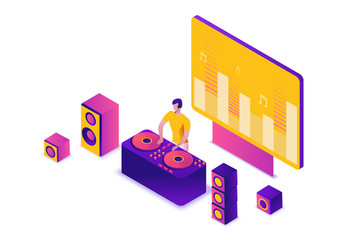 Party isometric concept, dj playing club disco music, 3d vector illustration, dancing people, nightclub, dance music, holiday event poster, corporate gig, violet, yellow, pink, clubbing cartoon men