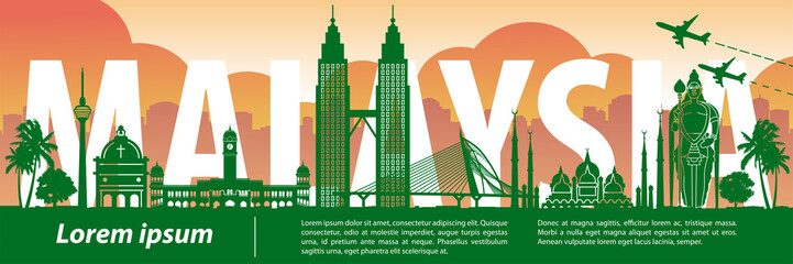 Malaysia famous landmark silhouette style,text within