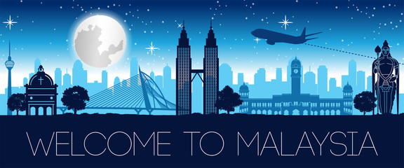 Malaysia famous landmark night time silhouette design