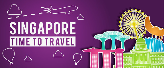 purple banner of Singapore famous landmark silhouette colorful style,plane and balloon fly around with cloud