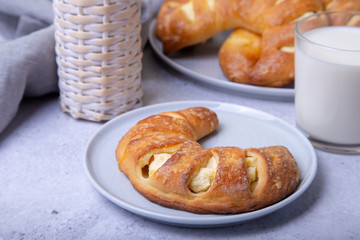 Bagels with cottage cheese. Homemade baking. Close-up.