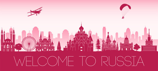 Obraz premium Russia famous landmark by vintage plane fly over in flag color tone red silhouette design