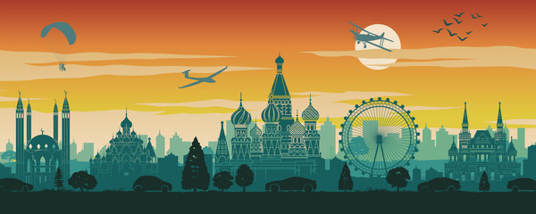 Russia famous landmark in scenery design,travel destination,silhouette design, sunset time in red and green color