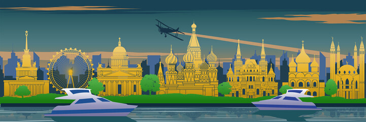 Russia famous landmark in back of river and yacht in scenery design,travel destination,silhouette design, yellow blue and green color