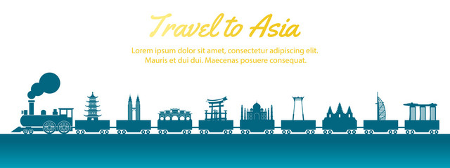 Asia landmark carried by train,concept art  silhouette style,vector illustration,green blue gradient