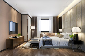Fototapeta na wymiar 3d rendering beautiful luxury bedroom suite in hotel with tv and working table