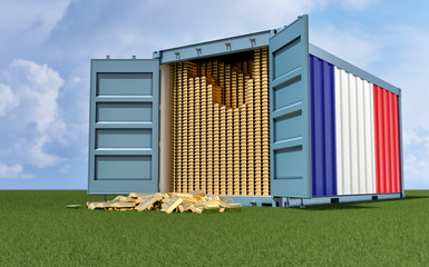 Fototapeta na wymiar Freight Container with France flag filled with Gold bars. Some Gold bars scattered on the ground - 3D Rendering