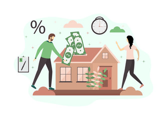 The concept of buying a home, real estate on credit. A man and a woman sign a loan agreement and pay interest on the loan. Vector flat illustration isolated on white background.