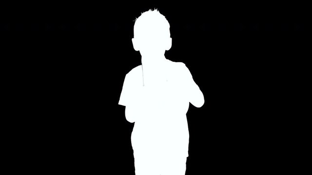 4K green screen footage, portrait shot of pre-school age boy rasing megaphone, with mask looping