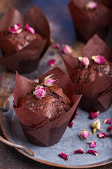 Chocolate Muffins with pieces of chocolate. Delicious homemade sweet dessert. Coffee break