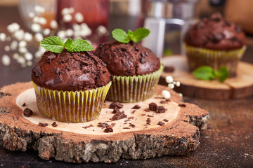 Chocolate Muffins with pieces of chocolate. Delicious homemade sweet dessert. Coffee break