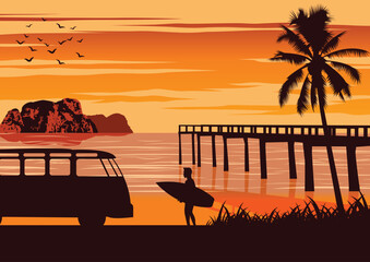 Nature scene of sea in summer,man hold surfboard near beach and wooden port,vintage color design