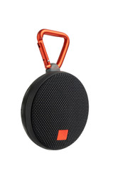Portable bluetooth speaker isolated no white background, mini black speaker is shape circle with...