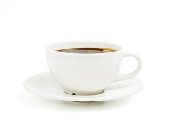 Black coffee in a white cup on plate top view isolated on white background. With clipping path