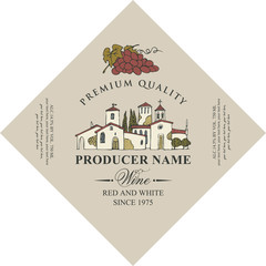 Vector diamond shaped label for red and white wine with hand-drawn landscape of the European village and bunch of grapes, in retro style on beige background.