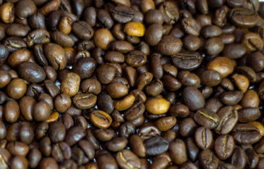 coffe beans on a white background with green leaves