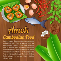 Asean National food ingredients elements set banner on wooden background,Cambodia