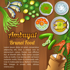 Asean National food ingredients elements set banner on wooden background,Brunei