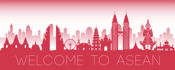 ASEAN famous landmark red silhouette design © Terd486