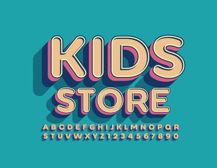 Vector bright logo Kids Store, 3D trendy Font. Set of Alphabet Letter, Numbers and Symbols