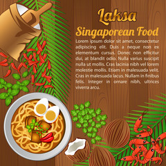 Asean National food ingredients elements set banner on wooden background,Singapore
