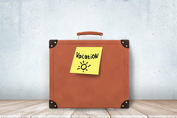 3d rendering of brown retro suitcase with yellow Vacation sign on wooden floor and white wall background.