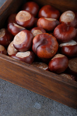 Chestnut fruit in a brown wooden box against a dark background.