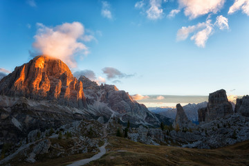 Mountain Cinque Torri (The Five Pillars) in sunrise , Dolomites, Italy