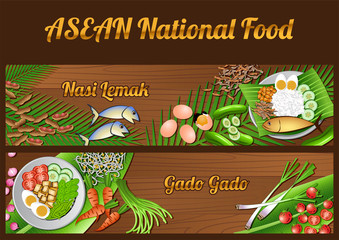 Asean National food ingredients elements set banner on wooden background,Malaysia and Indonesia