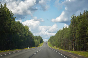 Landscape with highway and forest on a summer day