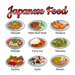 Set of delicious and famous food of Japanese in colorful gradient design icon