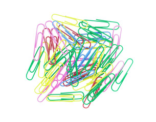 Series of colorful paper clips isolated on a white background. Decorative paper clips in pink, red, green, red and blue colors